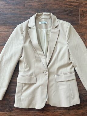 Women’s Beige Tailored Office Blazer One Button Business Casual Jacket Medium